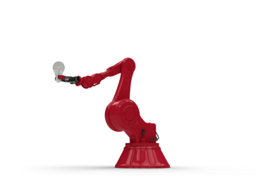 Kırmızı robotik kolun dijital png çizimi ve şeffaf arkaplan ampulü. İzole görüntü, fikir ve yaratıcılık kavramı.