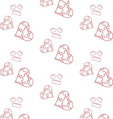 Kırmızı kalplerin dijital png illüstrasyonunda bulmacalar ve bloklar saydam arkaplanda tekrarlanıyor. Ayrı resim, tasarım arkaplan ve maket.