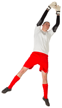 Odaklanmış beyaz kalecinin şeffaf arka planda zıplayan dijital png fotoğrafı. Münferit fotoğraf, spor ve yarışma.