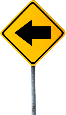 Sarı yol işaretinin dijital png çizimi ve saydam arkaplanda sol ok. İzole görüntü, yön ve rota.