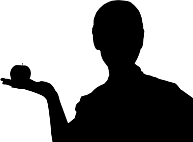 Şeffaf arkaplanda elmalı bir kadının siluetinin dijital png çizimi. İzole görüntü, yaşam tarzı, yemek ve sağlıklı yaşam konsepti..