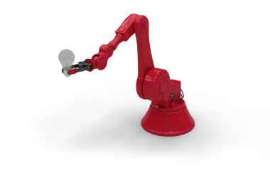 Şeffaf arkaplanda ampullü kırmızı robotik kolun dijital png çizimi. İzole görüntü, şekiller ve teknoloji konsepti.
