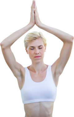 Saydam arka planda yoga yapan odaklanmış beyaz bir kadının dijital png fotoğrafı. İzole fotoğraf, fitness ve refah.