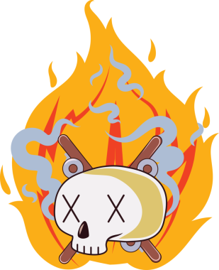 Saydam arka planda kafatası ile kamp ateşinin dijital png çizimi. İzole görüntü, doğa, boş zaman, sembol ve şekil kavramı.