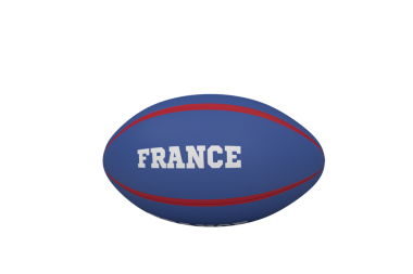 Şeffaf arkaplanda Fransa metniyle mavi rugby topunun dijital png çizimi. İzole imaj, spor ve rekabet, milliyet ve köken.