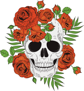 Saydam arkaplanda kırmızı güller olan insan kafatasının dijital png çizimi. İzole görüntü, insan vücudu, dekorasyon..