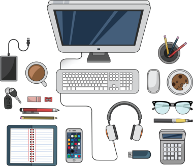 Şeffaf arkaplanda ofis şekilleri olan bilgisayarın dijital png çizimi. İzole görüntü, iş ve profesyonellik, iletişim, ofis.