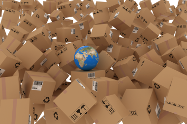 Saydam arkaplanda dünyanın ve kutuların dijital png çizimi. İzole görüntü, küresel, çevrimiçi alışveriş ve nakliye kavramı.