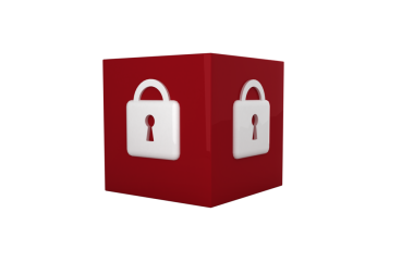 Saydam arkaplanda asma kilidi olan kırmızı küpün dijital png çizimi. İzole görüntü, güvenlik ve ağ kavramı.