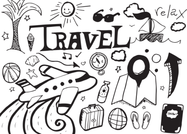 Saydam arkaplan üzerinde sembollerin dijital png çizimi ve seyahat metni. İzole imaj, tatil, seyahat ve turizm kavramı.