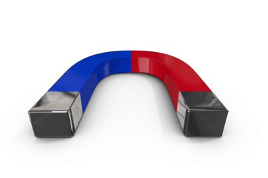Şeffaf arkaplanda kırmızı ve mavi at nalı şeklindeki mıknatısın dijital png çizimi. İzole görüntü, fizik, çekim ve itme..