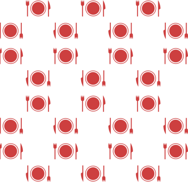 Şeffaf arkaplanda çatal bıçak takımı olan tekrarlanan plakaların kırmızı desenli dijital png çizimi. İzole görüntü, kalıp ve şekil kavramı.