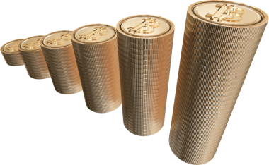 Saydam arkaplandaki altın bitcoin yığınlarının dijital png çizimi. İzole imaj, finans ve para.