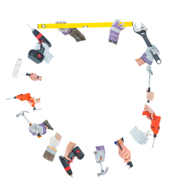 Şeffaf arkaplanda araçları olan ellerin dijital png çizimi. İzole görüntü, inşaat ve araç konsepti.