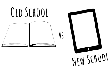 Eski okulun dijital png illüstrasyonuna karşı şeffaf arkaplan üzerine yeni okul metni. İzole görüntü, teknoloji, bilgisayar ve iletişim konsepti.