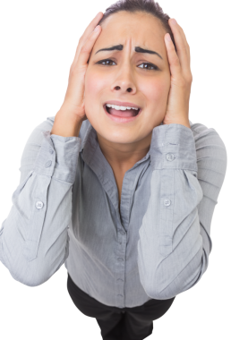 Kafası şeffaf arka planda olan korkmuş beyaz iş kadınının dijital png fotoğrafı. İzole fotoğraf, iş ve profesyonel..