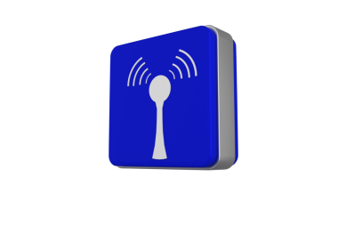 Şeffaf arkaplan üzerinde mavi küp üzerindeki beyaz verici sembolünün dijital png çizimi. İzole görüntü, şekil, renk, teknoloji, iletişim ve sembol kavramı.