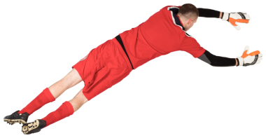 Saydam arka planda zıplayan erkek kalecinin dijital png fotoğrafı. Münferit fotoğraf, spor ve yarışma.