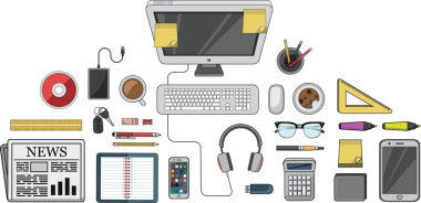 Şeffaf arkaplanda bilgisayar ve ofis araçlarının dijital png çizimi. İzole görüntü, iş ve ofis.