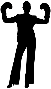 Şeffaf arka planda boks eldivenli iş kadınının siluetinin dijital png çizimi. İzole imaj, yaşam tarzı ve iş konsepti.