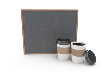 Şeffaf arka planda kahve fincanları ve karatahtanın dijital png çizimi. İzole imaj, eğitim ve öğrenme kavramı.