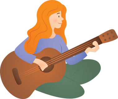 Saydam arka planda oturan ve gitar çalan bir kızın dijital png çizimi. İzole görüntü, müzik, hobi.