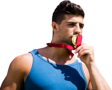 Şeffaf arkaplanda melez bir sporcunun öpüşme madalyası. İzole fotoğraf, spor ve yarışma.