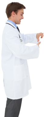 Saydam arka planda gülümseyen mutlu erkek doktorun dijital png fotoğrafı. İzole fotoğraf, ilaç ve sağlık hizmetleri.