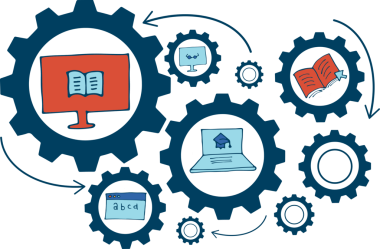 Saydam arkaplan üzerinde bilgisayar, kitap, dizüstü bilgisayar ve dosya bulunan donanma dişlilerinin dijital png çizimi. İzole görüntü, iletişim ve bağlantı.