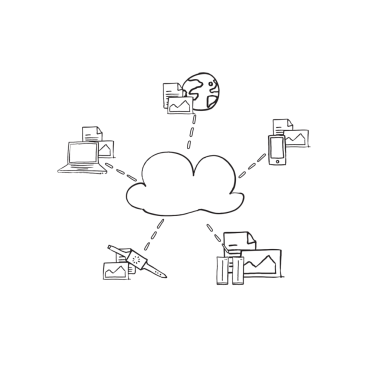 Elektronik cihazlı bulutların dijital png çizimi ve şeffaf arkaplan üzerine dökümanlar. İzole görüntü, bulut iletişimi, hesaplama, ağ ve uluslararası konsept.