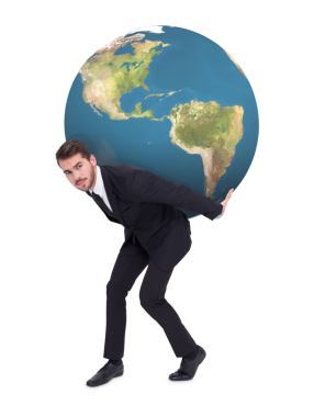 Kafkasyalı iş adamının dijital png fotoğrafı. Şeffaf arka planda dünya var. İzole görüntü, iş dünyası, küresel ve sanal arayüz kavramı.