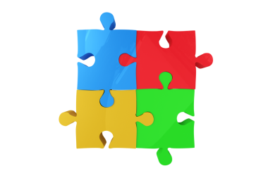 Şeffaf arkaplanda renkli yapboz parçalarının dijital png çizimi. Ayrı görüntü, bağlantı, takım.