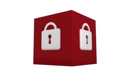 Saydam arkaplanda beyaz asma kilitli kırmızı küpün dijital png çizimi. İzole görüntü, renk, şekil ve çevrimiçi güvenlik.