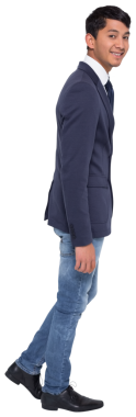 Beyaz iş adamının şeffaf arka planda yürürken çekilmiş dijital png fotoğrafı. İzole fotoğraf, iş ve insan konsepti.