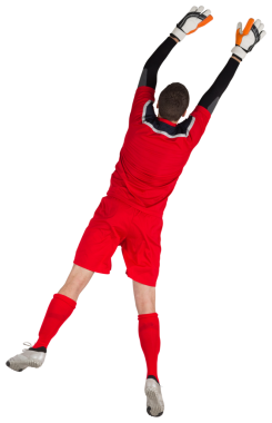 Beyaz erkek kalecinin şeffaf arka plandaki dikiz görüntüsünün dijital png fotoğrafı. Ayrı fotoğraf, spor ve spor..