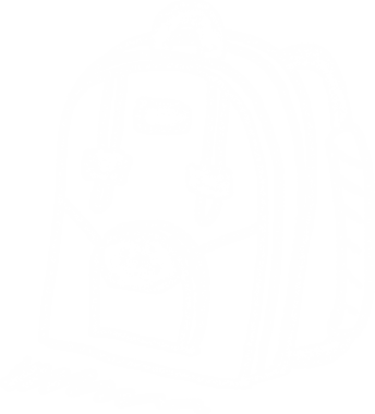 Şeffaf arka planda beyaz anahatlı okul çantasının dijital png çizimi. İzole görüntü, renk, şekil ve okula dönüş..