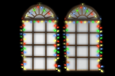 Şeffaf arkaplanda noel ışıkları olan pencerelerin dijital png çizimi. İzole görüntü, noel zamanı, tasarım arkaplanı ve maket.