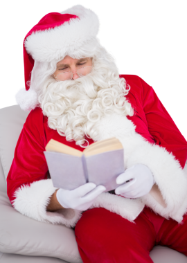 Beyaz adamın Noel Baba kostümü giymiş, şeffaf arkaplan üzerine kitap okuyan dijital png fotoğrafı. İzole fotoğraf, Noel geleneği, Noel, yaşam tarzı..