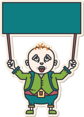 Elinde pankart tutan üzgün bir adamın dijital png çizimi, şeffaf arkaplanda kopyalama alanı. İzole görüntü, ifadeler ve yazım konsepti.