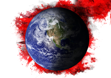 Saydam arkaplanda kırmızı lekeli dünyanın dijital png çizimi. İzole görüntü, küresel, uluslararası, tasarım arka planı ve maketi.