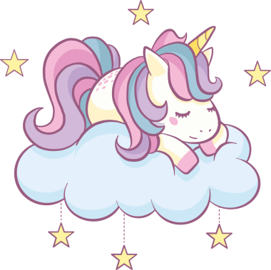 Saydam arkaplanda bulut üzerindeki tek boynuzlu atın dijital png çizimi. İzole görüntü, renk, şekil ve masal.