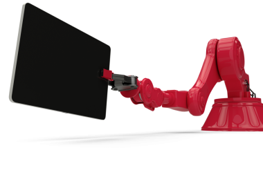 Şeffaf arkaplanda robotik kol tutma tabletinin dijital png çizimi. İzole görüntü, teknoloji ve iletişim.