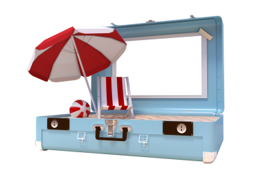 Güneş yatağı, şemsiye ve şeffaf arka planda plaj topu olan çantanın dijital png çizimi. İzole görüntü, yaz ve tatil konsepti.