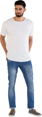 Saydam arkaplanda kot pantolon ve t-shirt giyen düşünceli beyaz adamın dijital png fotoğrafı. İzole fotoğraf, erkeklik, duygu ve karar kavramı.