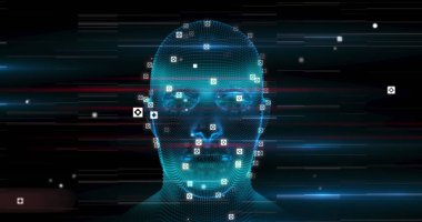 Parlayan yüz tanıma işaretleri ve çevresindeki teknik elementlere sahip bir adam. Karanlık arka plan, sahnenin gelecekteki hissini arttırır.