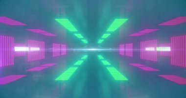 Mavi arkaplanda kusursuz döngü üzerinde hareket eden neon desenli görüntü. Desen, renk ve hareket kavramı dijital olarak oluşturuldu.