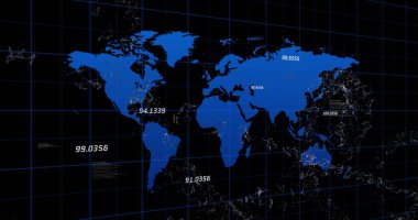 Bağlantılar ve veri işleme ağı olan dünya haritasının resmi. Küresel ağlar, hesaplama ve veri işleme kavramı dijital olarak oluşturulmuş resim.