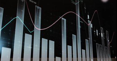 Siyah arka planda finansal veri işleme resmi. Küresel finansman, bilgisayar ve dijital arayüz kavramı dijital olarak oluşturulmuş görüntü.
