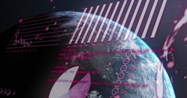 Grafik, dünya ve bilgisayar dillerinin soyut arkaplan karşısındaki görüntüsü. Dijital olarak üretilmiş, hologram, illüstrasyon, rapor, iş dünyası, küreselleşme, kodlama ve teknoloji kavramı.