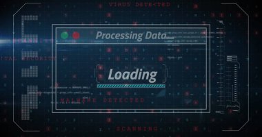 Veri işleme ve metin görüntüsü ekranda. Küresel iş, finans, dijital arayüz, hesaplama ve veri işleme kavramı dijital olarak oluşturuldu.